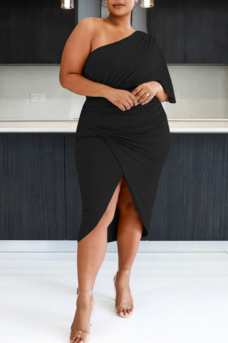 Black Fashion Casual Plus Size Solid Patchwork Oblique Collar Irregular Dress