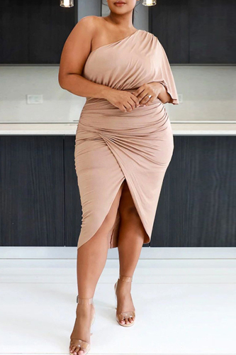 Pink Fashion Casual Plus Size Solid Patchwork Oblique Collar Irregular Dress