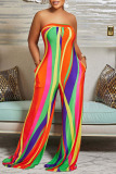 Tangerine Red Casual Print Patchwork Strapless Straight Jumpsuits
