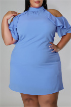 Light Blue Fashion Casual Plus Size Solid Hollowed Out Turtleneck Short Sleeve Dress
