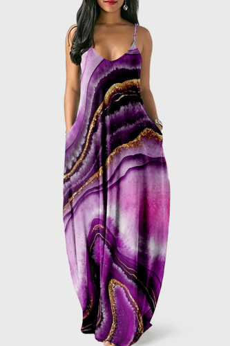 Fuchsia Sexy Graphic Print Floor Length Backless Sleeveless African Style Loose Cami Maxi Dress