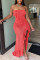Watermelon Red Fashion Sexy Solid Patchwork Backless Slit Strapless Long Dress