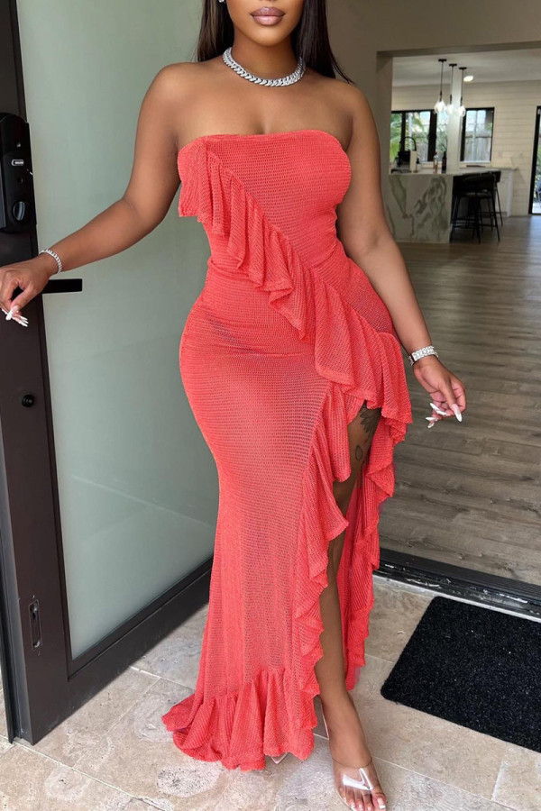Watermelon Red Fashion Sexy Solid Patchwork Backless Slit Strapless Long Dress (No Lining)