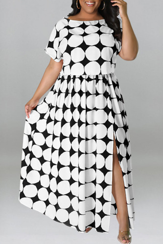 Black Casual Print Patchwork Slit O Neck Straight Plus Size Dresses