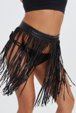Black Fashion Sexy Solid Tassel Patchwork Regular High Waist Skirt