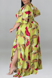 Lemon Yellow Casual Print Patchwork Slit V Neck Straight Plus Size Dresses
