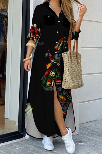 Black Casual Print Patchwork Buckle Turndown Collar Shirt Dress Dresses