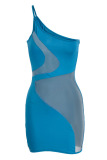 Light Blue Sexy Solid Patchwork See-through Oblique Collar Pencil Skirt Dresses