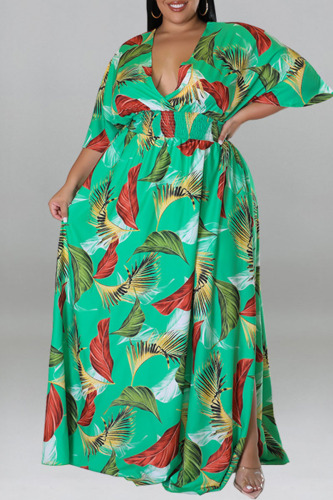 Cyan Casual Print Patchwork Slit V Neck Straight Plus Size Dresses