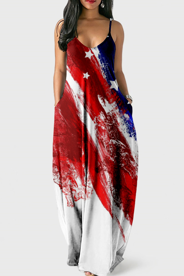 Red Blue Sexy Graphic Print Floor Length Backless Sleeveless African Style Loose Cami Maxi Dress