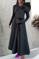Black Fashion Casual Solid Patchwork With Bow O Neck Long Sleeve Dresses