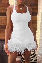 White Sexy Solid Patchwork Feathers U Neck One Step Skirt Dresses