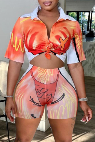 Orange Red Fashion Casual Solid Basic Turndown Collar Short Sleeve Two Pieces