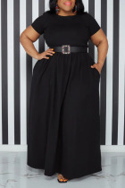 Black Casual Solid Patchwork O Neck A Line Plus Size Dresses(Without Belt)