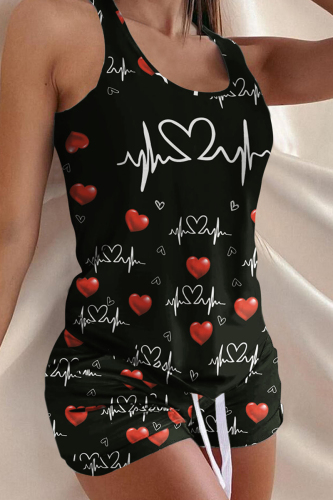 Black Fashion Casual Print Basic U Neck Sleeveless Two Pieces