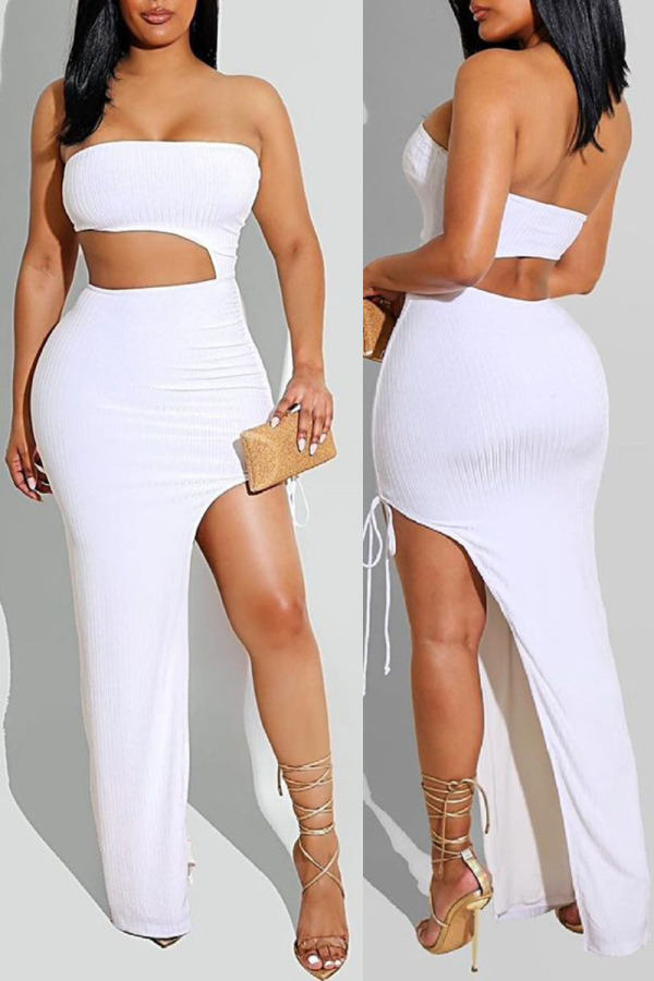 White Sexy Solid Hollowed Out Patchwork Slit Strapless Straight Dresses