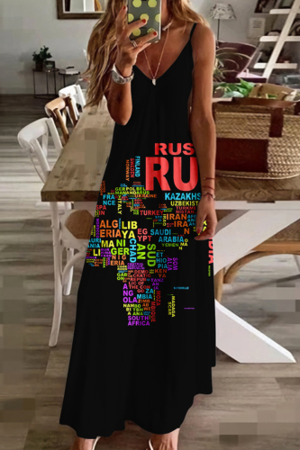 Black Fashion Sexy Print Backless V Neck Sling Dress