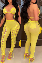 Yellow Fashion Sexy Solid Bandage Hollowed Out See-through Backless Halter Sleeveless Two Pieces