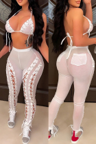 White Fashion Sexy Solid Bandage Hollowed Out See-through Backless Halter Sleeveless Two Pieces