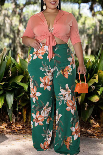 Green Fashion Casual Print Bandage Turndown Collar Plus Size Two Pieces