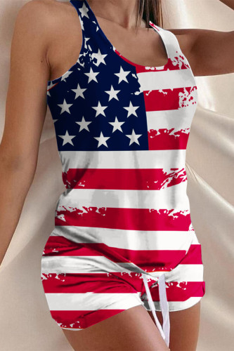White Red Fashion Casual Print Basic U Neck Sleeveless Two Pieces