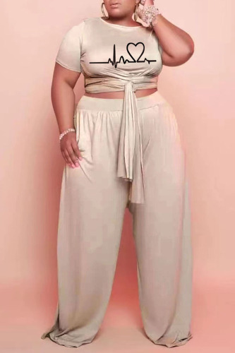 Apricot Casual Print Bandage Patchwork O Neck Plus Size Two Pieces