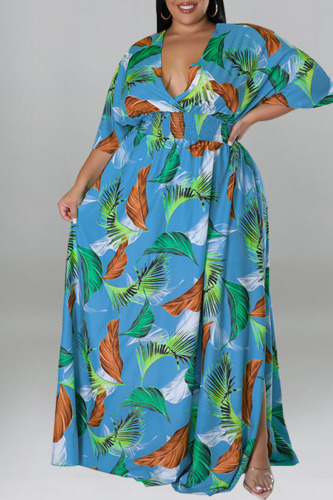 Peacock Blue Casual Print Patchwork Slit V Neck Straight Plus Size Dresses