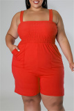 Rose Red Sexy Casual Solid Backless Square Collar Plus Size Romper