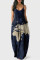 Dark Blue Red Fashion Sexy Print Backless Spaghetti Strap Long Dress