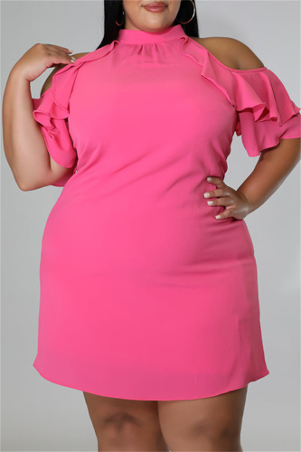 Rose Red Fashion Casual Plus Size Solid Hollowed Out Turtleneck Short Sleeve Dress