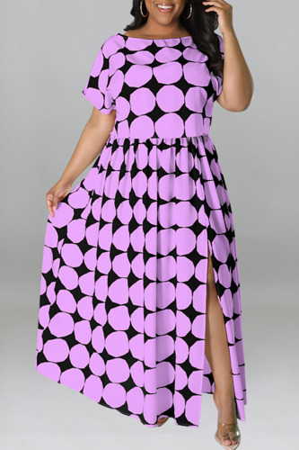 Purple Casual Print Patchwork Slit O Neck Straight Plus Size Dresses