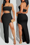 Black Sexy Solid Hollowed Out Patchwork Slit Strapless Straight Dresses