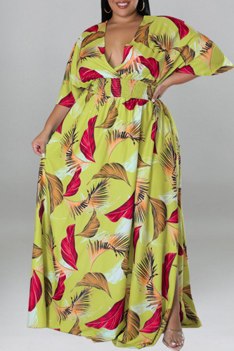 Lemon Yellow Casual Print Patchwork Slit V Neck Straight Plus Size Dresses