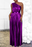 Purple Fashion Casual Solid Patchwork Backless Oblique Collar Pleated Dresses