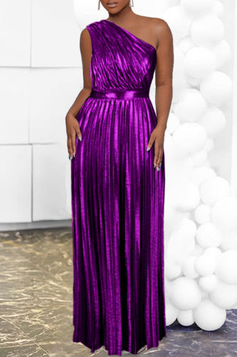 Purple Fashion Casual Solid Patchwork Backless Oblique Collar Pleated Dresses