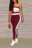 Wine Red Sexy Wrap Chest Patchwork Two-piece Set