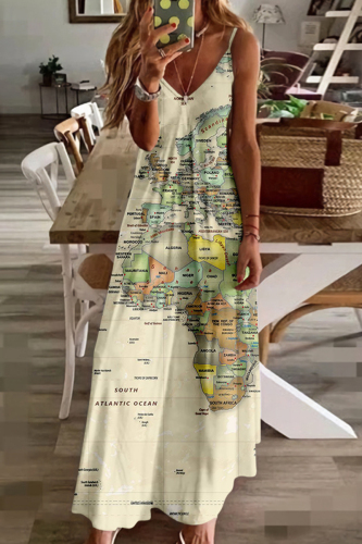 Apricot Fashion Sexy Print Backless V Neck Sling Dress