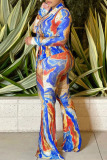 Blue Sexy Print Bandage Patchwork Turndown Collar Long Sleeve Two Pieces