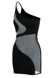 Black Sexy Solid Patchwork See-through Oblique Collar Pencil Skirt Dresses