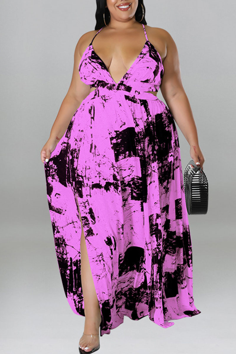 Purple Sexy Print Patchwork Slit Spaghetti Strap Sling Dress Plus Size ...
