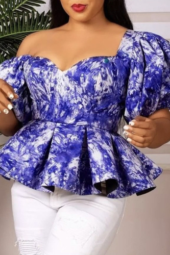 Deep Blue Fashion Casual Print Patchwork V Neck Tops