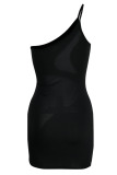 Black Sexy Solid Patchwork See-through Oblique Collar Pencil Skirt Dresses