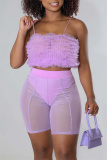 Light Purple Fashion Sexy Solid Patchwork See-through Backless Spaghetti Strap Sleeveless Two Pieces