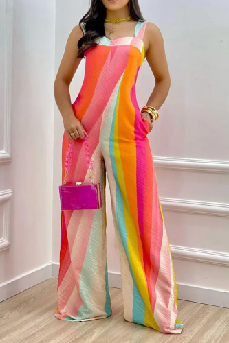 Orange Casual Print Patchwork Spaghetti Strap Straight Jumpsuits