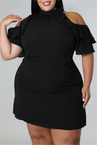 Black Fashion Casual Plus Size Solid Hollowed Out Turtleneck Short Sleeve Dress