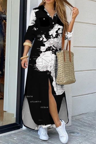 Black White Casual Print Patchwork Buckle Turndown Collar Shirt Dress Dresses