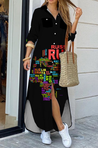 Cowboy Black Casual Print Patchwork Buckle Turndown Collar Shirt Dress Dresses