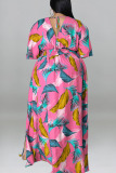 Pink Casual Print Patchwork Slit V Neck Straight Plus Size Dresses