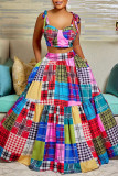 Multicolor Plaid Print Sleeveless Cami Crop Top and Long Skirt Casual Vacation Two Piece Dress