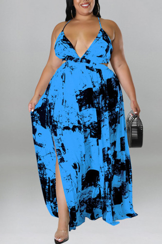 Blue Sexy Print Patchwork Slit Spaghetti Strap Sling Dress Plus Size Dresses